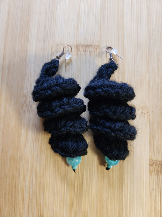 Black Crochet Spiral Earrings with Bead Accent