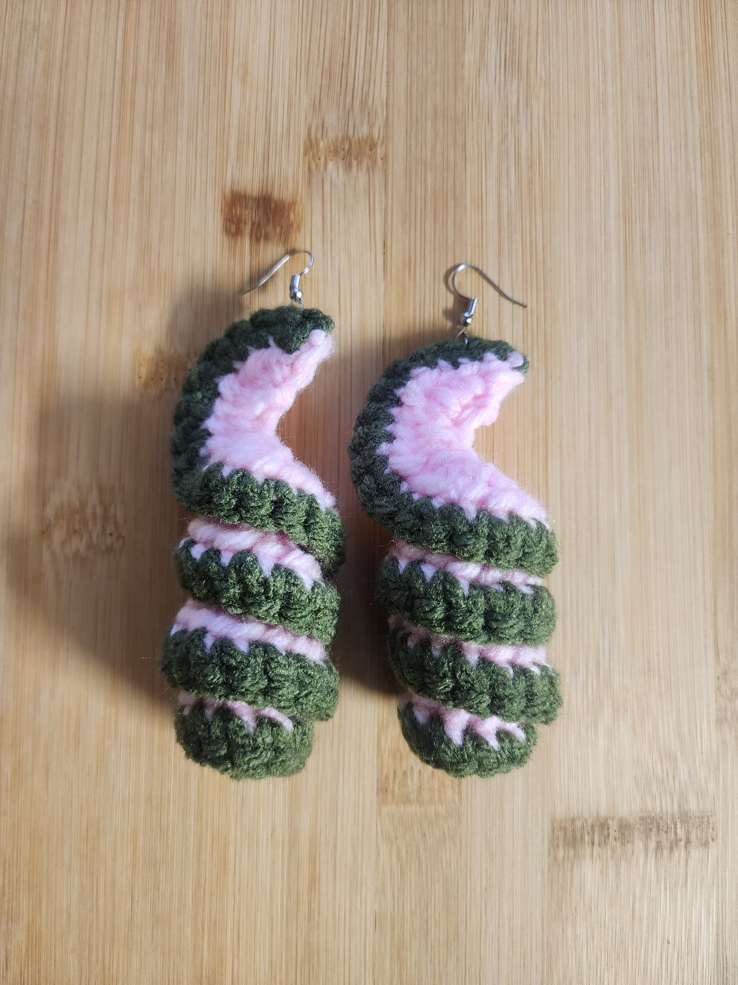 Green and Pink and Crochet Spiral Earrings