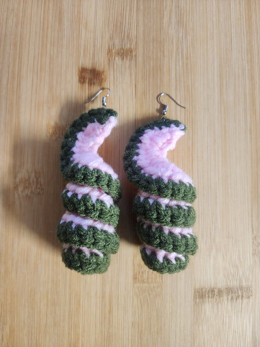 Green and Pink and Crochet Spiral Earrings