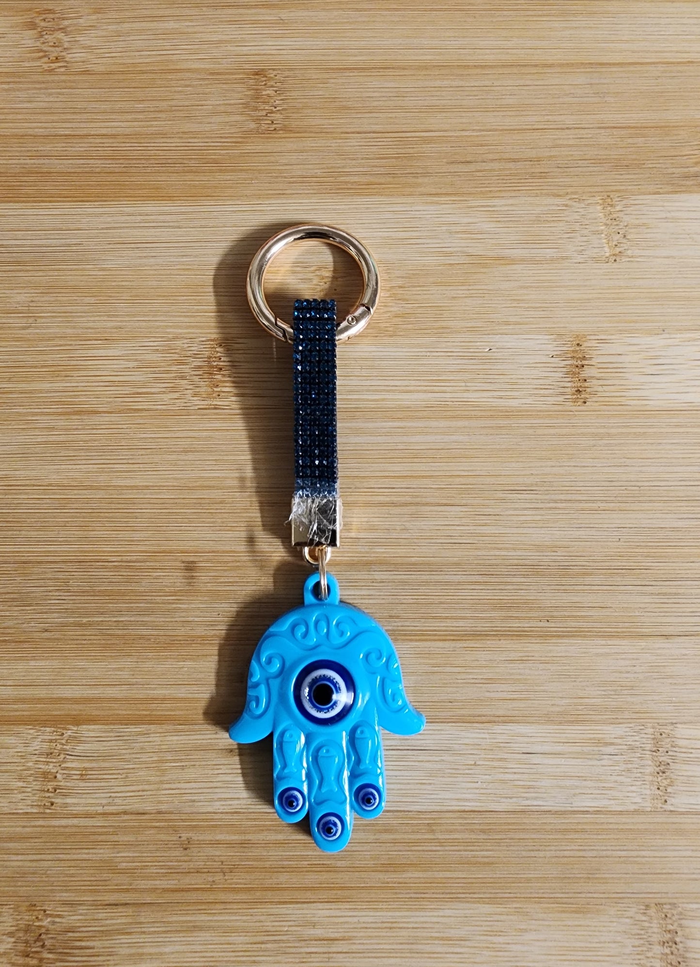 Light Blue Evil Eye Hamsa and Teal Bling Keychain